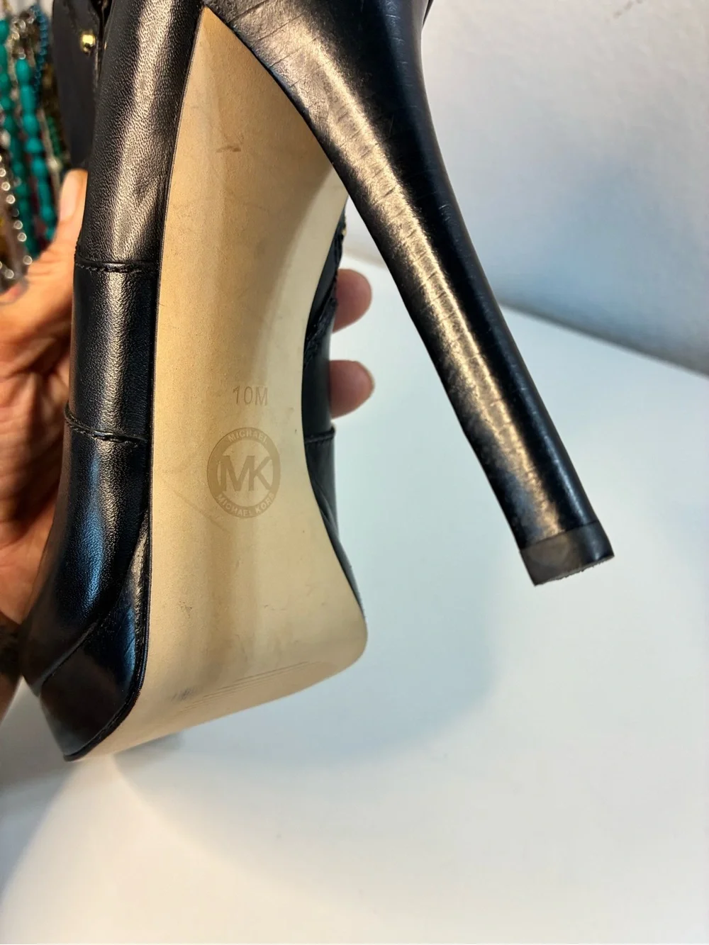 Michael Kors Wyatt 10M Black Leather Stiletto Ankle Boots with Gold MK Accent